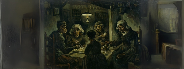Intervenci&oacute;n IA del cuadro Los comedores de papa (Aardappeleters), de Vincent van Gogh