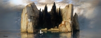 Intervención IA de La isla de los muertos, pintura de Arnold Böcklin, tercera versión (1883)