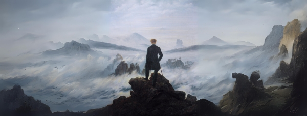 Interpretaci&oacute;n IA de "El Caminante sobre el Mar de Nubes" de Caspar David Friedrich (1818)