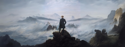 Interpretación IA de &quot;El Caminante sobre el Mar de Nubes&quot; de Caspar David Friedrich (1818)